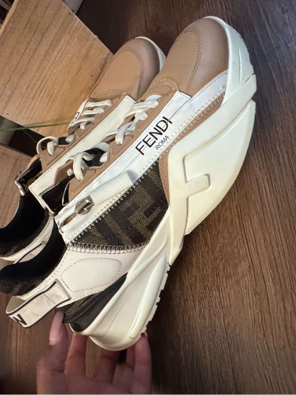 Authentic Fendi Women Beige, Brown and White FF Logo Runner - Picture 4 of 13